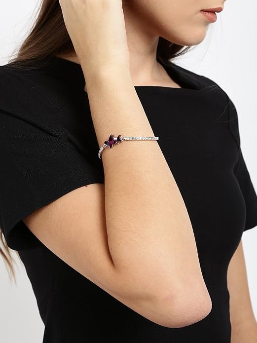 女性と女の子のためのブレスレット A5高品質クリスタルブレスレット|シルバートーン蝶チャーム付きブレスレット|誕生日プレゼント・記念日ギフトに最適(妻・彼女向け)