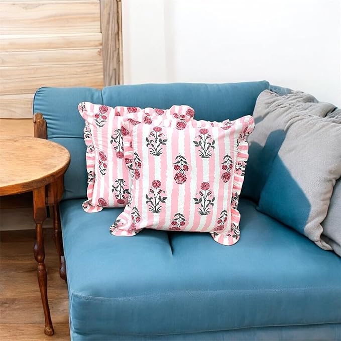 ハンドブロックコットン クッションカバー(フリル付き)|2枚セット|洗濯可能・ソファ&寝室におしゃれ(ピンク 16×16インチ)