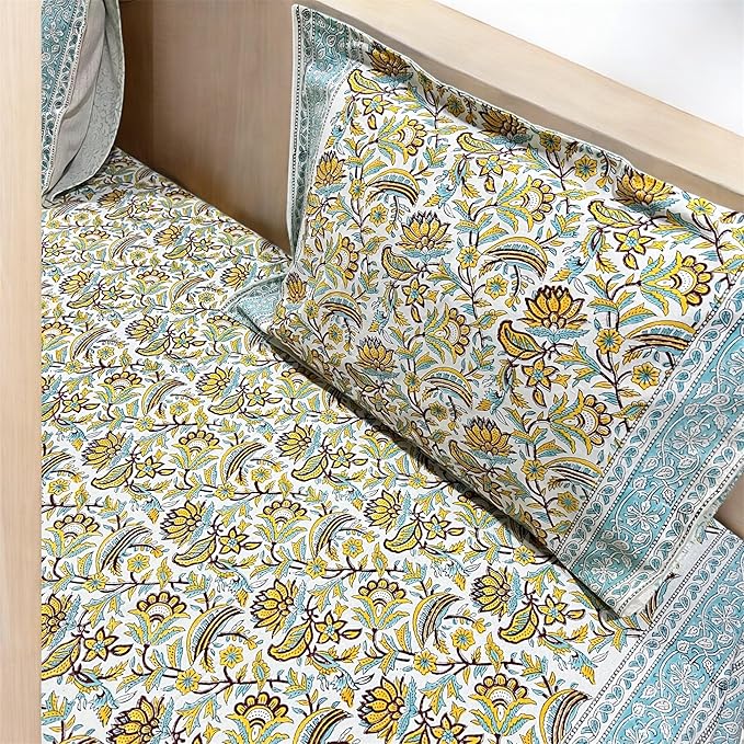 ハンドブロックプリント コットンベッドシーツ|洗濯可能・軽量&通気性|90×108 / 108×108