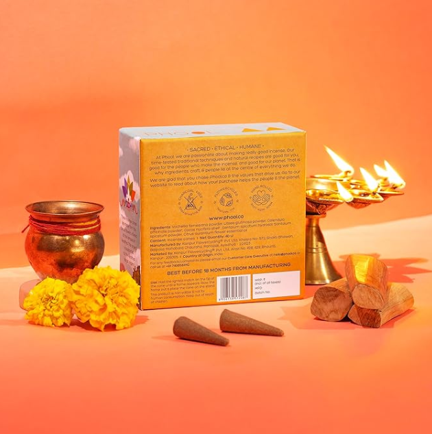 PHOOL 高級お香コーン - ソウミヤチャンダンの香り | 40個入り | 炭・化学薬品不使用