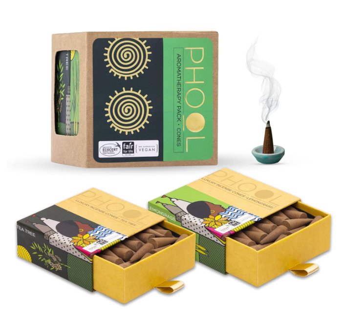 PHOOL 高級お香コーン アロマセラピーパック (80個入り) - オーガニックティーツリー&レモングラスコーン + セラミックホルダー2個付き、硫黄不使用、炭不使用 | 100%オーガニック