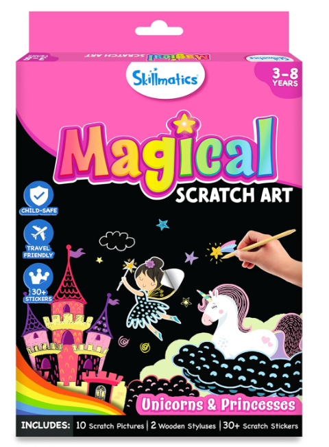 Skillmatics 子供用スクラッチアートブック - ユニコーンとプリンセス、クラフトキットと材料、30枚以上のスクラッチステッカー、旅行用おもちゃ、DIYキット、3歳、4歳、5歳、6歳、7歳、8歳の女の子と男の子へのギフト、マルチカラー