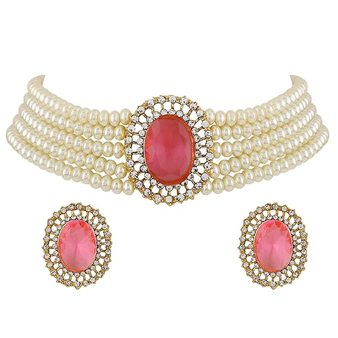 18K ゴールドメッキパールチョーカーネックレスジュエリーセット | 5層パール紐 | インド風 | インドアクセサリー ピンク