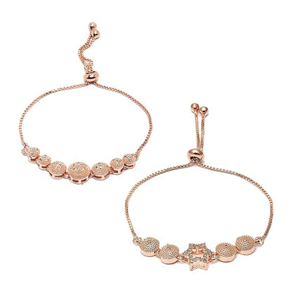 レディース＆女の子用 プルチェーン付き 調節可能 モダンデザイン ローズゴールドメッキ真鍮製 アメリカンダイヤモンド ブレスレット ジュエリー 2本セット