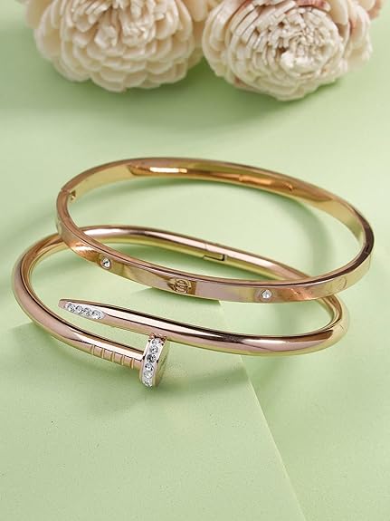 ステンレススチール＆クリスタルストーン オープン可能なカダブレスレットコンボジュエリー 女性・女の子用｜変色防止ジュエリー｜妻・彼女・母・姉妹へのギフト