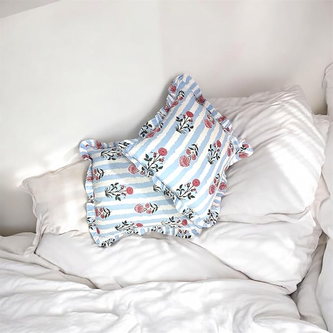 ハンドブロックコットン クッションカバー（フリル付き）｜2枚セット｜洗濯可能・ソファ＆寝室におしゃれ（ブルー 18×18cm）