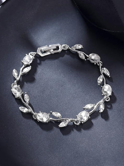 女性と女の子のためのブレスレット｜ローズリーフ型 シルバー＆ローズゴールドメッキ クリスタルブレスレット｜誕生日・記念日ギフトに最適