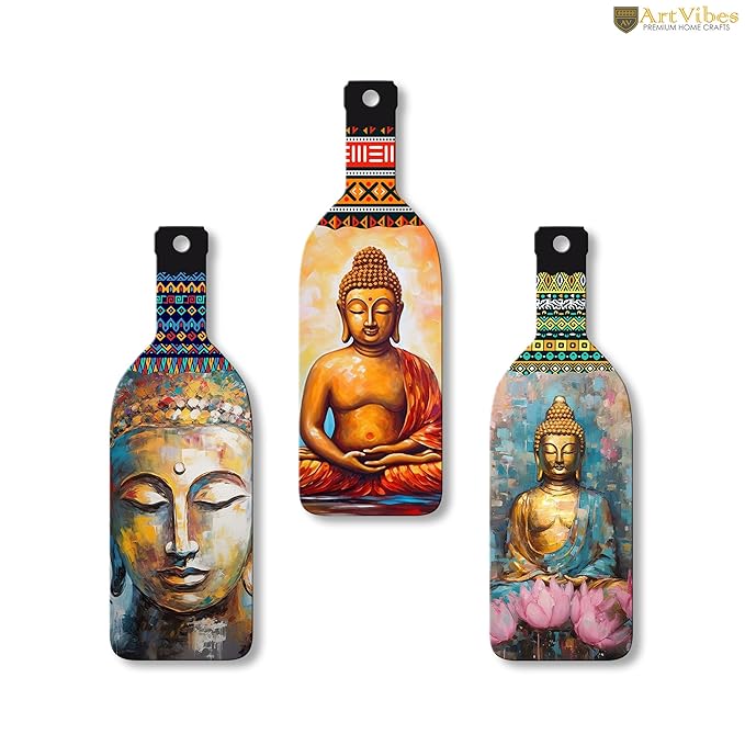 瞑想するゴータマ・ブッダの木製壁掛けインテリア | リビングルーム装飾品 | オフィス用アートアイテム | MDF製壁掛けアート作品（WH_9507N）、3点セット
