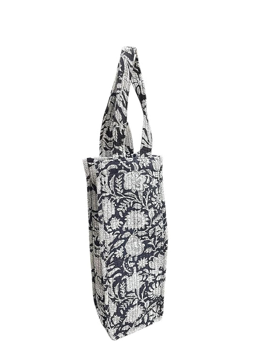 ハンドブロックプリント コットンボトルバッグ｜取っ手付き ジャイプール柄｜ワイン・水筒・ウォーターボトル用 エコで再利用可能なギフトバッグ｜洗濯可能・軽量（ブラック）