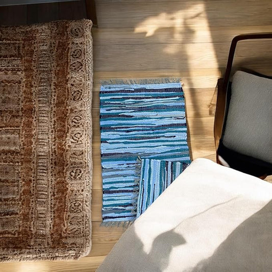 チンディラグ 2枚セット｜手織りリサイクルコットン玄関マット｜プージャマット・瞑想用アサン｜マルチカラー ボヘミアンフロアラグ