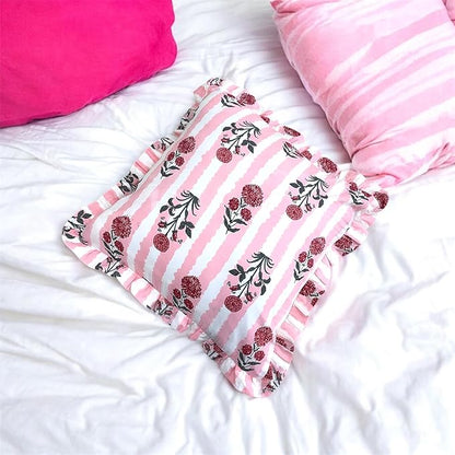 ハンドブロックコットン クッションカバー（フリル付き）｜2枚セット｜洗濯可能・ソファ＆寝室におしゃれ（ピンク 16×16インチ）