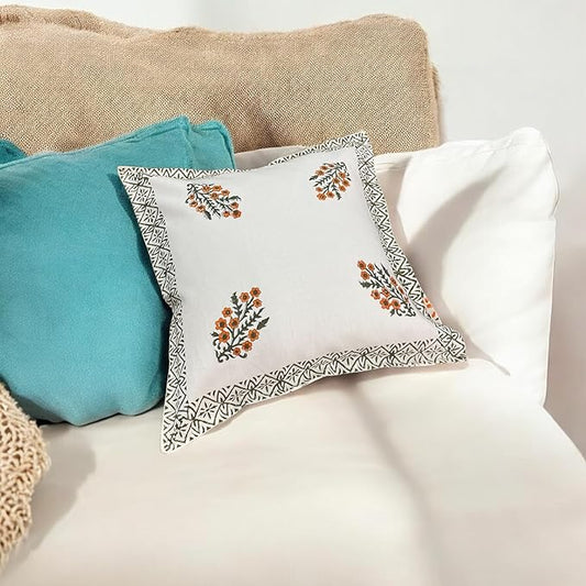 ハンドブロックリネン クッションカバー 2枚セット｜18×18cm ピロー用カバー｜柔らかい100％コットン｜ジャイプール風 ベッド＆ソファデコール（クリーム）