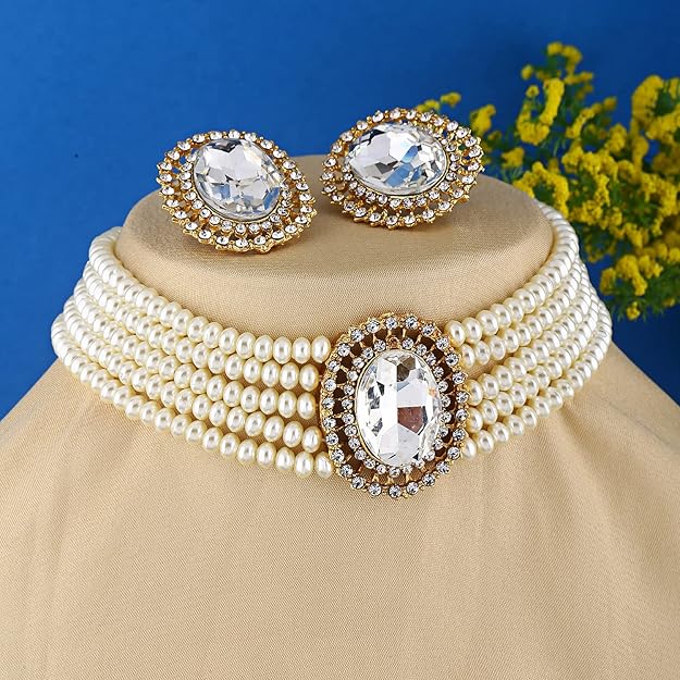 18K ゴールドメッキパールチョーカーネックレスジュエリーセット | 5層パール紐 | インド風 | インドアクセサリー