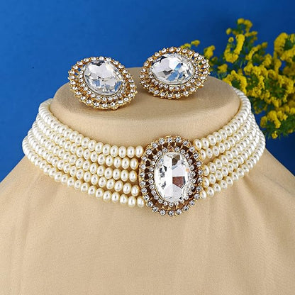 18K ゴールドメッキパールチョーカーネックレスジュエリーセット | 5層パール紐 | インド風 | インドアクセサリー