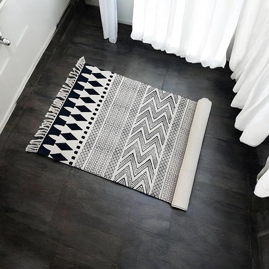 ハンドメイド ブロックプリントラグ｜ベッドサイドランナー＆多用途｜コットン・ドゥーリー（廊下・ヨガ・リビング用）｜伝統柄＆洗濯可能