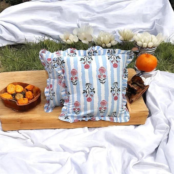 ハンドブロックコットン クッションカバー（フリル付き）｜2枚セット｜洗濯可能・ソファ＆寝室におしゃれ（ブルー 18×18cm）