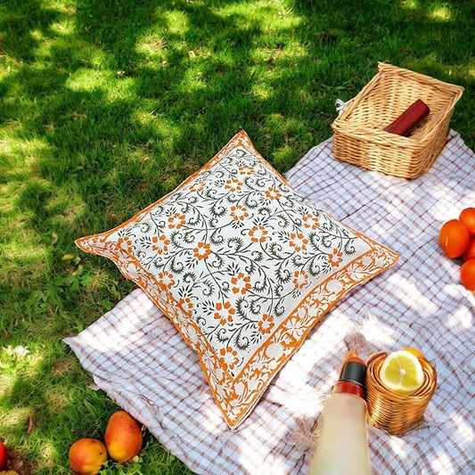 ハンドブロックリネン クッションカバー 2枚セット｜18×18インチ ピローカバー｜柔らかい100％コットン｜ジャイプール風 ベッド＆ソファデコール（オレンジ）