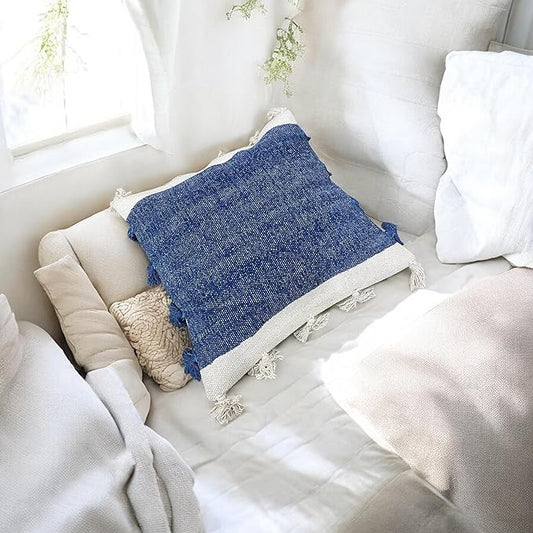 ボヘミアンスタイル ラグ風クッションカバー｜ハンドクラフト 18×18インチ ピローカバー｜柔らかいコットン｜ソファ・ベッド用デコレーション 2枚セット（ダークブルー）