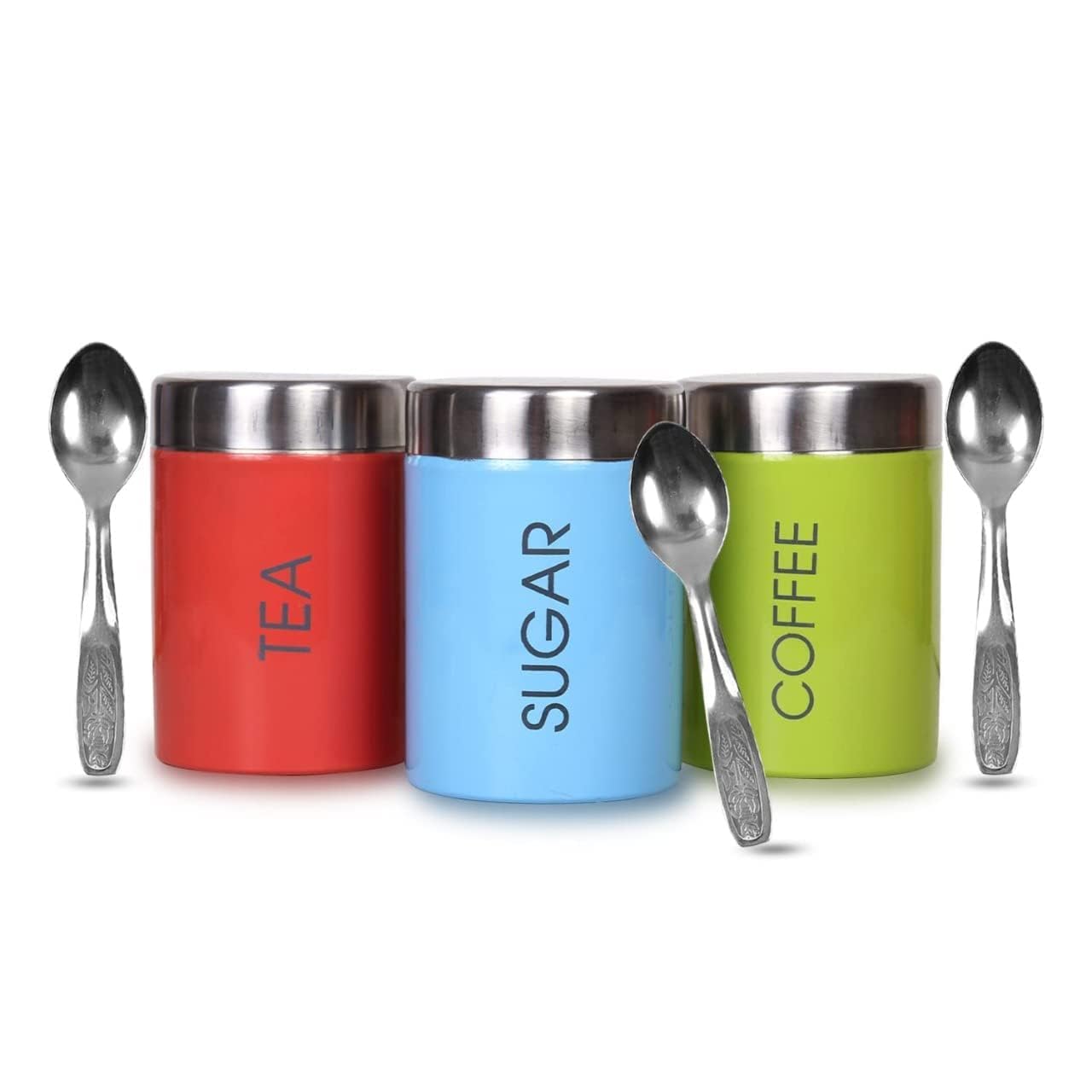 紅茶、砂糖、スプーン付きコーヒーキャニスター 800ml ステンレススチール (マルチカラー) 3 個セット | ティーシュガー＆コーヒーコンテナー