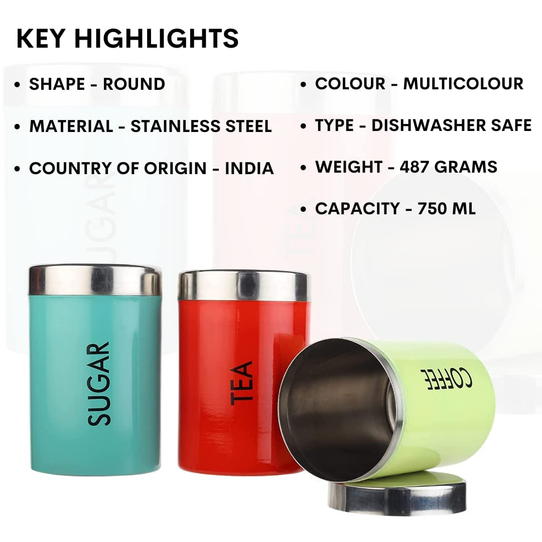 紅茶、砂糖、スプーン付きコーヒーキャニスター 800ml ステンレススチール (マルチカラー) 3 個セット | ティーシュガー＆コーヒーコンテナー