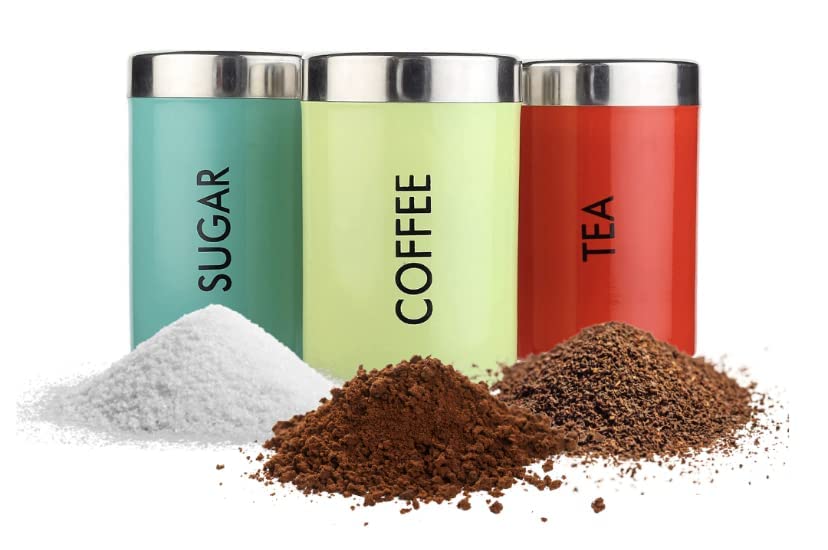 紅茶、砂糖、スプーン付きコーヒーキャニスター 800ml ステンレススチール (マルチカラー) 3 個セット | ティーシュガー＆コーヒーコンテナー