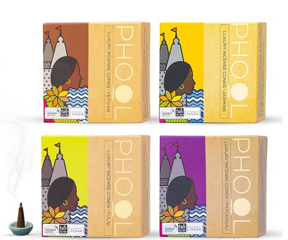 PHOOL ラグジュアリーインセンス ナチュラルお香コーン | 4個セット – ジャスミン、パチョリ、トゥルシー、ベチバー｜100％オーガニック ｜チャコール＆化学物質不使用