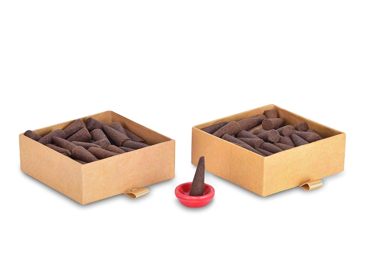 PHOOL 高級お香コーン アロマセラピーパック (80個入り) - オーガニックティーツリー＆レモングラスコーン + セラミックホルダー2個付き、硫黄不使用、炭不使用 | 100%オーガニック