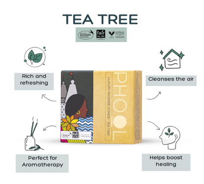 PHOOL 高級お香コーン アロマセラピーパック (80個入り) - オーガニックティーツリー＆レモングラスコーン + セラミックホルダー2個付き、硫黄不使用、炭不使用 | 100%オーガニック