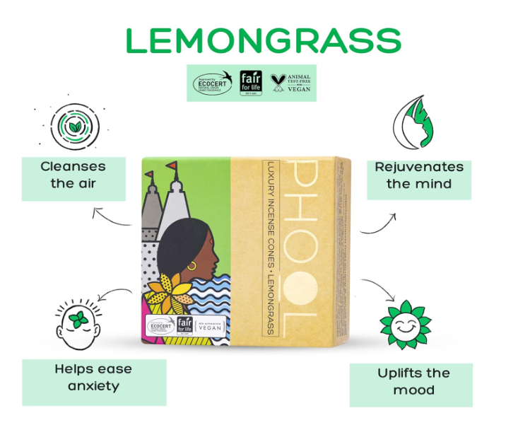 PHOOL 高級お香コーン アロマセラピーパック (80個入り) - オーガニックティーツリー＆レモングラスコーン + セラミックホルダー2個付き、硫黄不使用、炭不使用 | 100%オーガニック