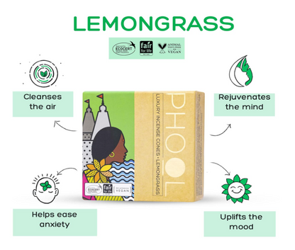 PHOOL 高級お香コーン アロマセラピーパック (80個入り) - オーガニックティーツリー＆レモングラスコーン + セラミックホルダー2個付き、硫黄不使用、炭不使用 | 100%オーガニック