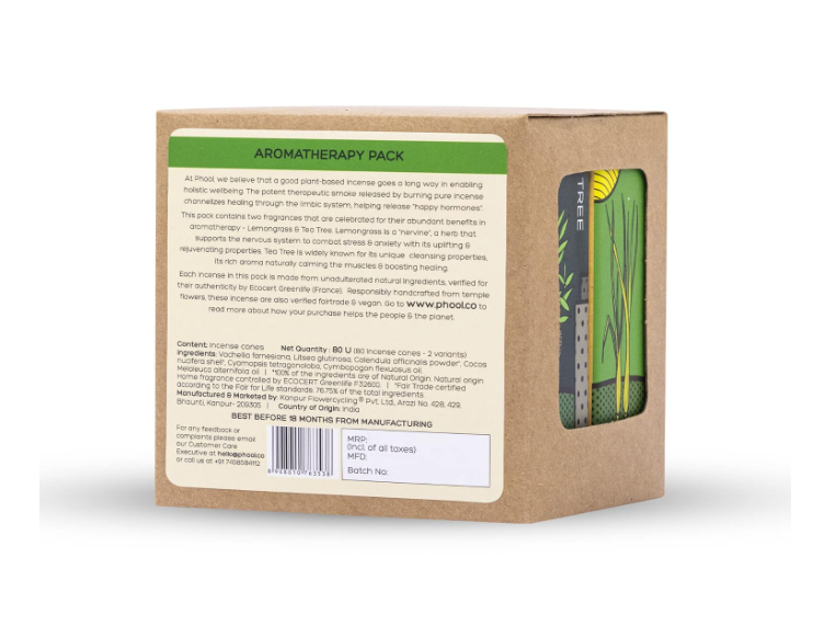 PHOOL 高級お香コーン アロマセラピーパック (80個入り) - オーガニックティーツリー＆レモングラスコーン + セラミックホルダー2個付き、硫黄不使用、炭不使用 | 100%オーガニック