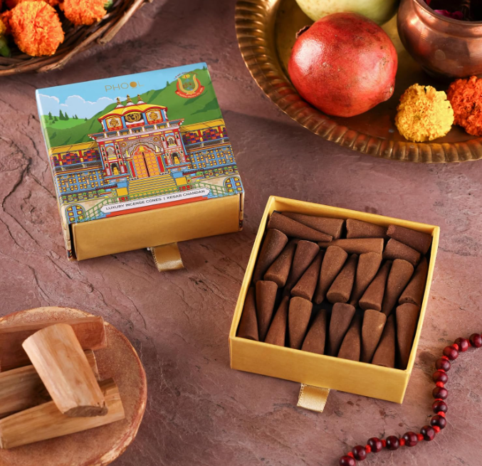 PHOOL プレミアム バドリナート インセンス コーン | サフラン＆サンダルウッド | 40個パック | 100% オーガニック