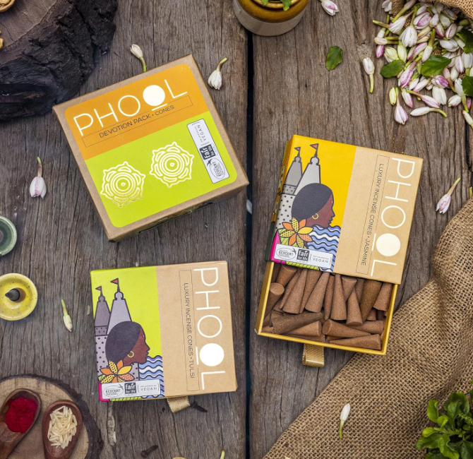 PHOOL プレミアムインセンスコーン - 2個パック - トゥルシー＆ジャスミン | ドープスティック80本 | ドープスタンド2個付き
