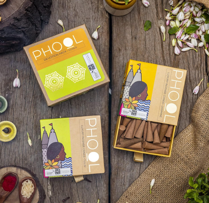 PHOOL プレミアムインセンスコーン - 2個パック - トゥルシー＆ジャスミン | ドープスティック80本 | ドープスタンド2個付き