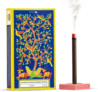 Phool 竹なしお香スティック - ウード | ドープホルダー付き | 炭不使用 | ウード アガーバティ 燃焼時間: 60分以上