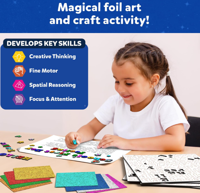 Skillmatics ペーパーホイルファン - 文字と数字のステッカー、汚れないアート、プロジェクトキット、DIYのカラフルなクリエイティブアクティビティ、5歳、6歳、7歳、8歳、9歳以上のお子様へのギフト