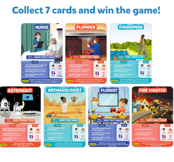 スキルマティクスの10種類の職業を当てよう。カードゲーム、知育玩具、6歳、7歳、8歳、9歳以上のお子様やご家族に最適です。