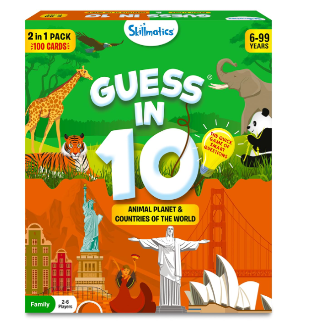 Skillmatics「Guess in 10」アニマル＆カントリーコンボは、楽しみながら知識を広げられる教育カードゲームです。動物や国に関するヒントを使って10問以内で答えを当てるスリリングな内容で、家族や子どもたちに最適。6歳以上向けのギフトにもおすすめです。