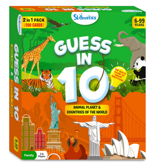 Skillmatics「Guess in 10」アニマル＆カントリーコンボは、楽しみながら知識を広げられる教育カードゲームです。動物や国に関するヒントを使って10問以内で答えを当てるスリリングな内容で、家族や子どもたちに最適。6歳以上向けのギフトにもおすすめです。