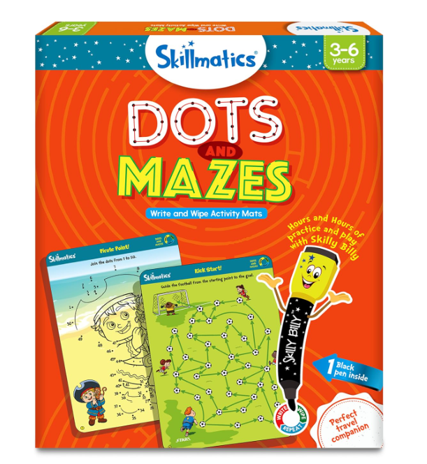 Skillmatics 教育ゲーム - ドットと迷路、再利用可能なアクティビティマット、ホワイトボードマーカー付き、ギフト、旅行用おもちゃ、3～6歳