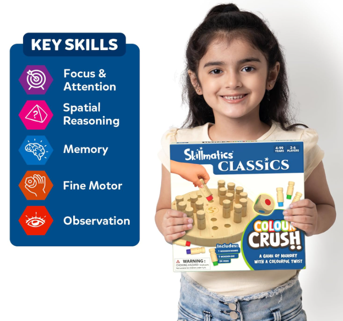 Skillmatics Colour Crush - スリリングな記憶力チャレンジ、テンポの速いボードゲーム＆トラベルゲーム、家族でのゲームナイトに最適、脳トレ、木製玩具、4歳以上の子供、ティーン、大人へのギフトに最適
