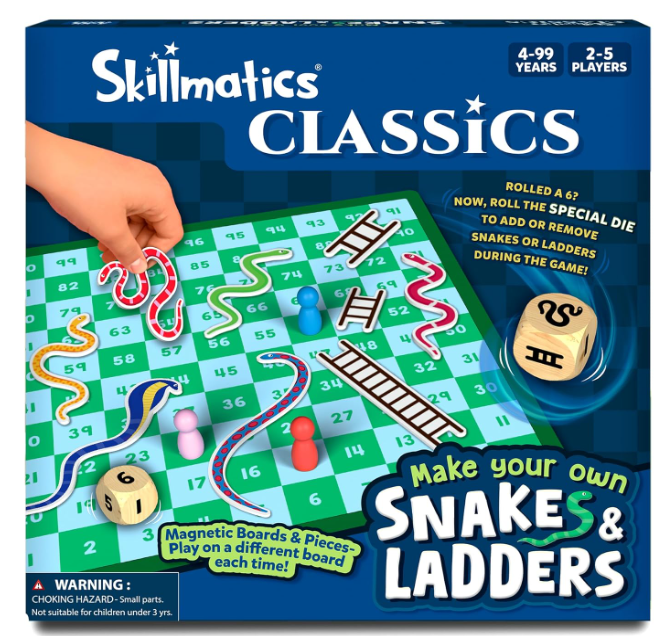 Skillmatics ヘビと梯子 - マグネット式でカスタマイズ可能な、ひねりの利いたボードゲーム。家族でゲームナイトを楽しめる定番戦略ゲーム。男の子、女の子、ティーン、大人向けの旅行用おもちゃ＆ギフト。2～5人用。