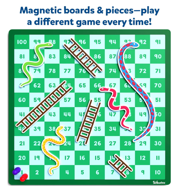 Skillmatics ヘビと梯子 - マグネット式でカスタマイズ可能な、ひねりの利いたボードゲーム。家族でゲームナイトを楽しめる定番戦略ゲーム。男の子、女の子、ティーン、大人向けの旅行用おもちゃ＆ギフト。2～5人用。