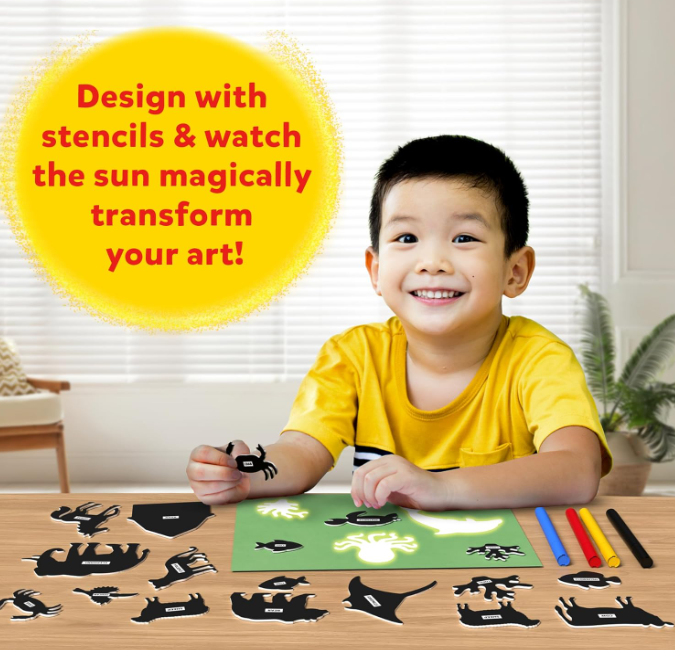 Skillmatics サンペーパーアートキット - お子様向けの散らからないSTEMクラフトキット。ステンシルでデザイン、日光で創作、マーカーで色付け。屋内外遊びに最適。4、5、6、7、8、9、10、11、12歳のお子様へのギフト。