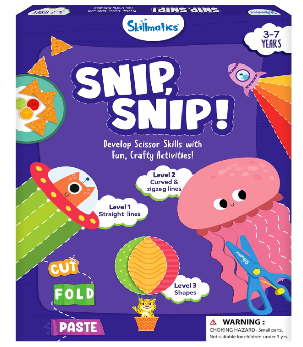 Skillmatics はさみスキル アクティビティブック - Snip Snip、未就学児向けの楽しい切り絵＆クリエイティブアクティビティ25選、子供に安全なはさみ2本、細かい運動能力を養うクラフトキット、3歳、4歳、5歳、6歳、7歳のお子様へのギフト