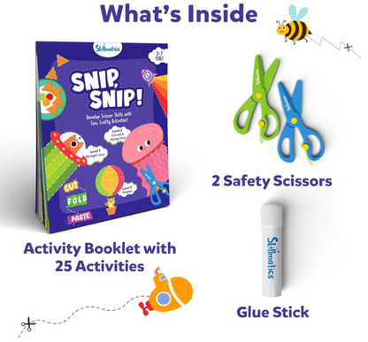 Skillmatics はさみスキル アクティビティブック - Snip Snip、未就学児向けの楽しい切り絵＆クリエイティブアクティビティ25選、子供に安全なはさみ2本、細かい運動能力を養うクラフトキット、3歳、4歳、5歳、6歳、7歳のお子様へのギフト