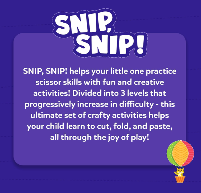 Skillmatics はさみスキル アクティビティブック - Snip Snip、未就学児向けの楽しい切り絵＆クリエイティブアクティビティ25選、子供に安全なはさみ2本、細かい運動能力を養うクラフトキット、3歳、4歳、5歳、6歳、7歳のお子様へのギフト