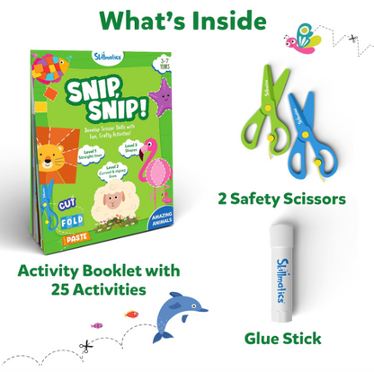 Skillmatics ペーパーシザーアクティビティブック Snip Snip 未就学児向け25の楽しい切り取り＆クリエイティブアクティビティ 子供に安全なハサミ2本付き 3歳、4歳、5歳、6歳、7歳児向け 細かい運動能力育成クラフトキット マルチカラー