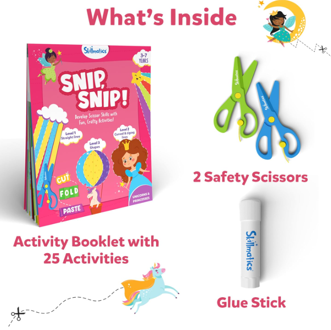 Skillmatics ペーパーシザースキルアクティビティブック - Snip Snip 未就学児向け25の楽しい切り絵＆クリエイティブアクティビティ 子供に安全なハサミ2本付き 細かい運動能力育成クラフトキット ギフト 3～7歳 マルチカラー