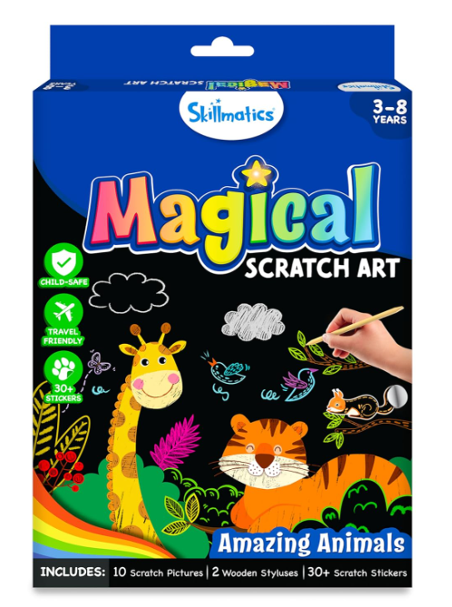 Skillmatics 子供用スクラッチアートブック - 動物、クラフトキット＆用品、30枚以上のスクラッチステッカー、旅行用おもちゃ、DIYキット、3歳、4歳、5歳、6歳、7歳、8歳の男の子と女の子へのギフト、マルチカラー